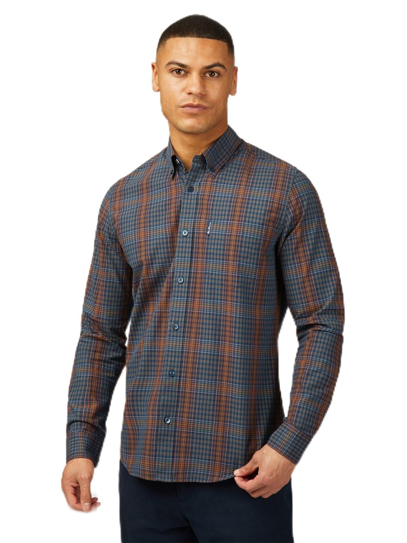Ben Sherman Big Size Multicolour Check Long Sleeve Shirt for Men in Dark Navy, 4XL