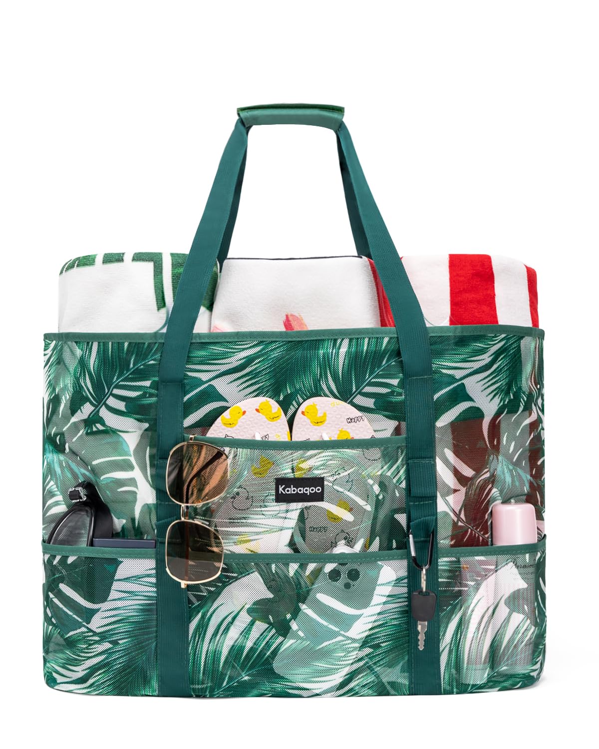KABAQOO Sac de Plage XXL avec Fermeture Éclair Sac Piscine Filet Femme Famille Sac Cabas avec Multipoches pour Voyage Shopping