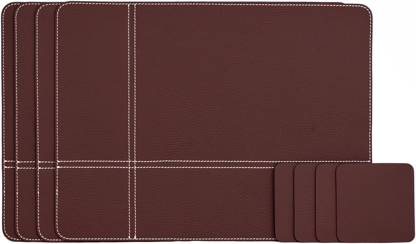 Nikalaz Set of 4 Placemats and 4 coasters, table mats, place mats 40 x 30 cm, Recycled leather