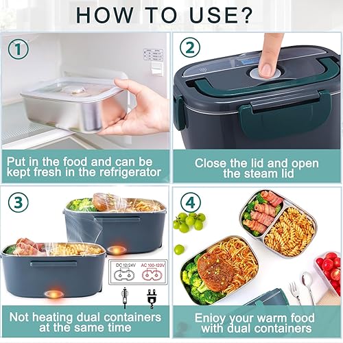 Miniatura 5 de Nifogo Fiambrera eléctrica para adultos con 2 recipientes de acero inoxidable de 1.5 L y 80 W, fiambreras térmicas para hombres, lonchera eléctrica