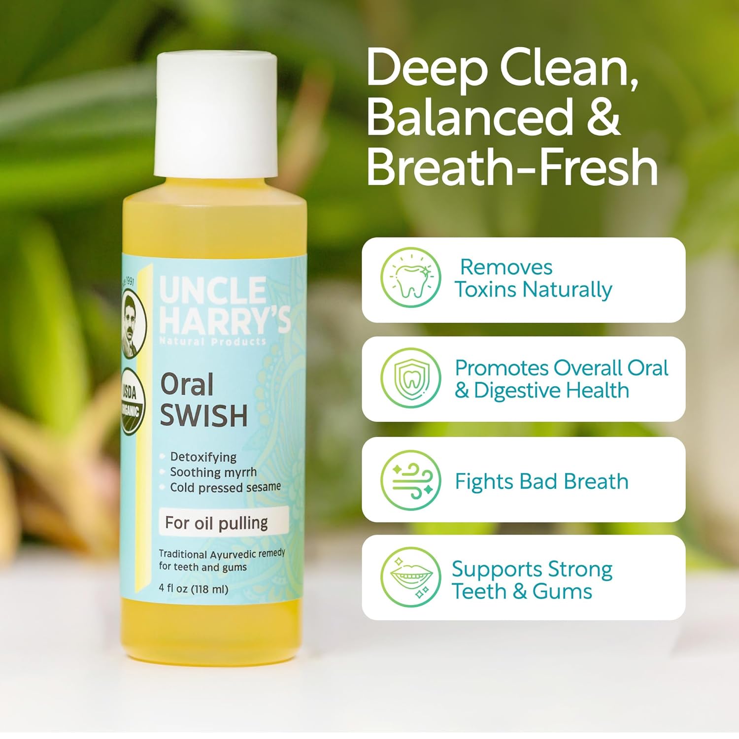 Uncle Harry's Certified Organic Oral Swish for Ayurvedic Oil Pulling | Sesame Oil, Oregano, & Clove | Whitening Mouthwash Treatment for Healthy Teeth & Gums (4 oz)