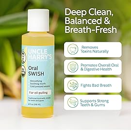 Uncle Harry\'s Certified Organic Oral Swish for Ayurvedic Oil Pulling | Sesame Oil, Oregano, & Clove | Whitening Mouthwash Treatment for Healthy Teeth & Gums (4 oz)