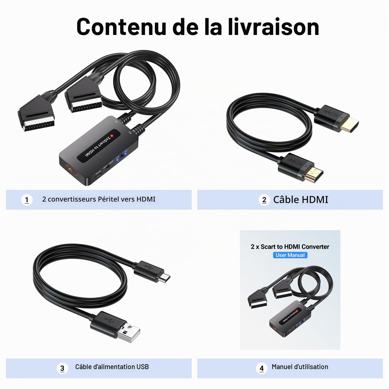 Convertisseur péritel double port vers HDMI avec commutateur de sortie 720p/1080p pour appareils péritels à afficher sur HDTV