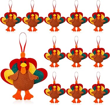 Suhine 12 Pcs Mini Turkey Plush Ornaments, Felt Thanksgiving Party Decor | Small Stuffed Animals with Rainbow Tail, Hanging Loop Design, Bulk Party Favors, Birthday Gifts, Autumn Holiday Decorations