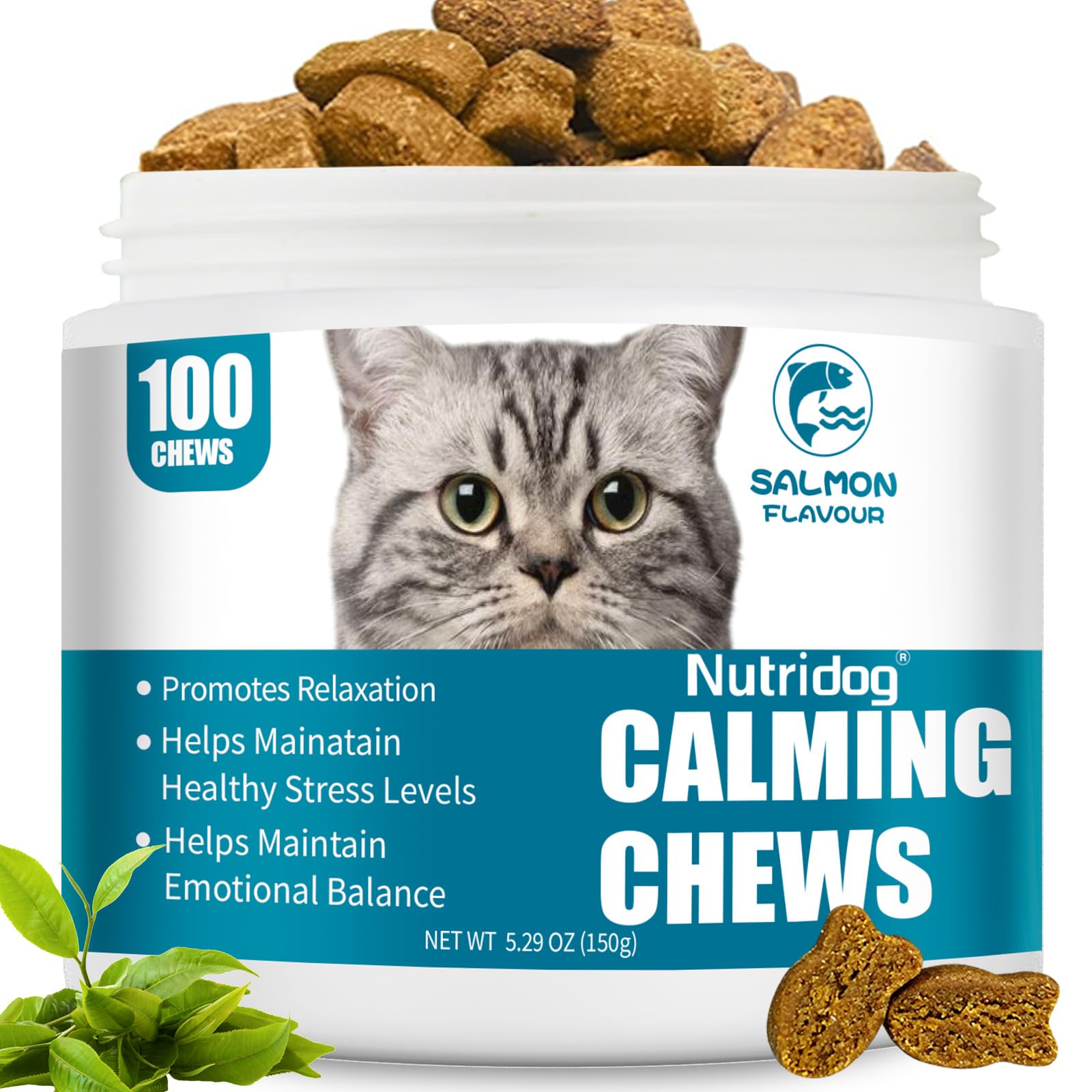 Cat Calming Treats - 100 Count Salmon Chews with Organic Chamomile & Ginger, Stress Relief Supplement for Separation Anxiety, Vet Visits & Thunderstorms (Salmon)