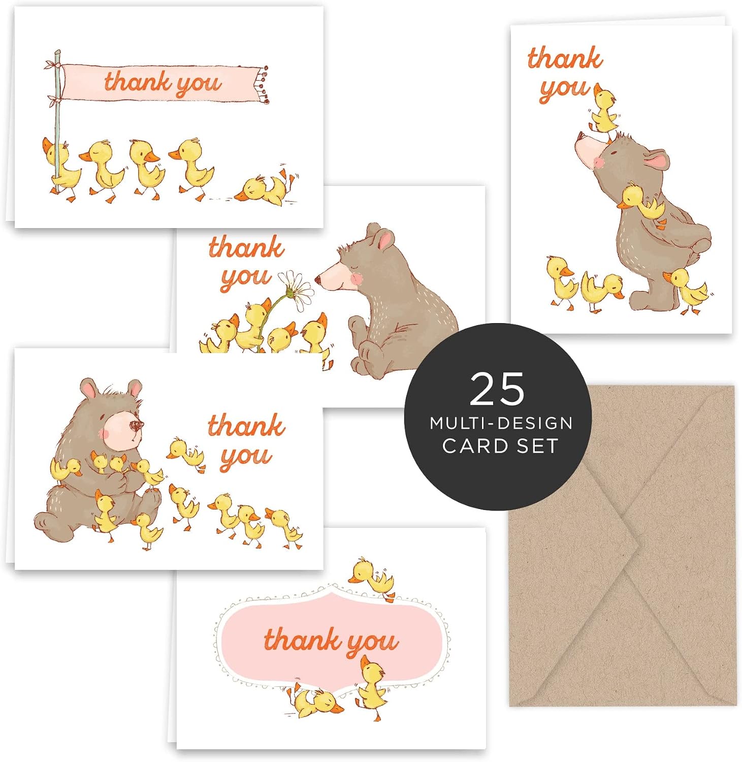 Paper Frenzy Spring Bear and Ducks Thank You Note Card Collection 25 pack with Kraft Envelopes