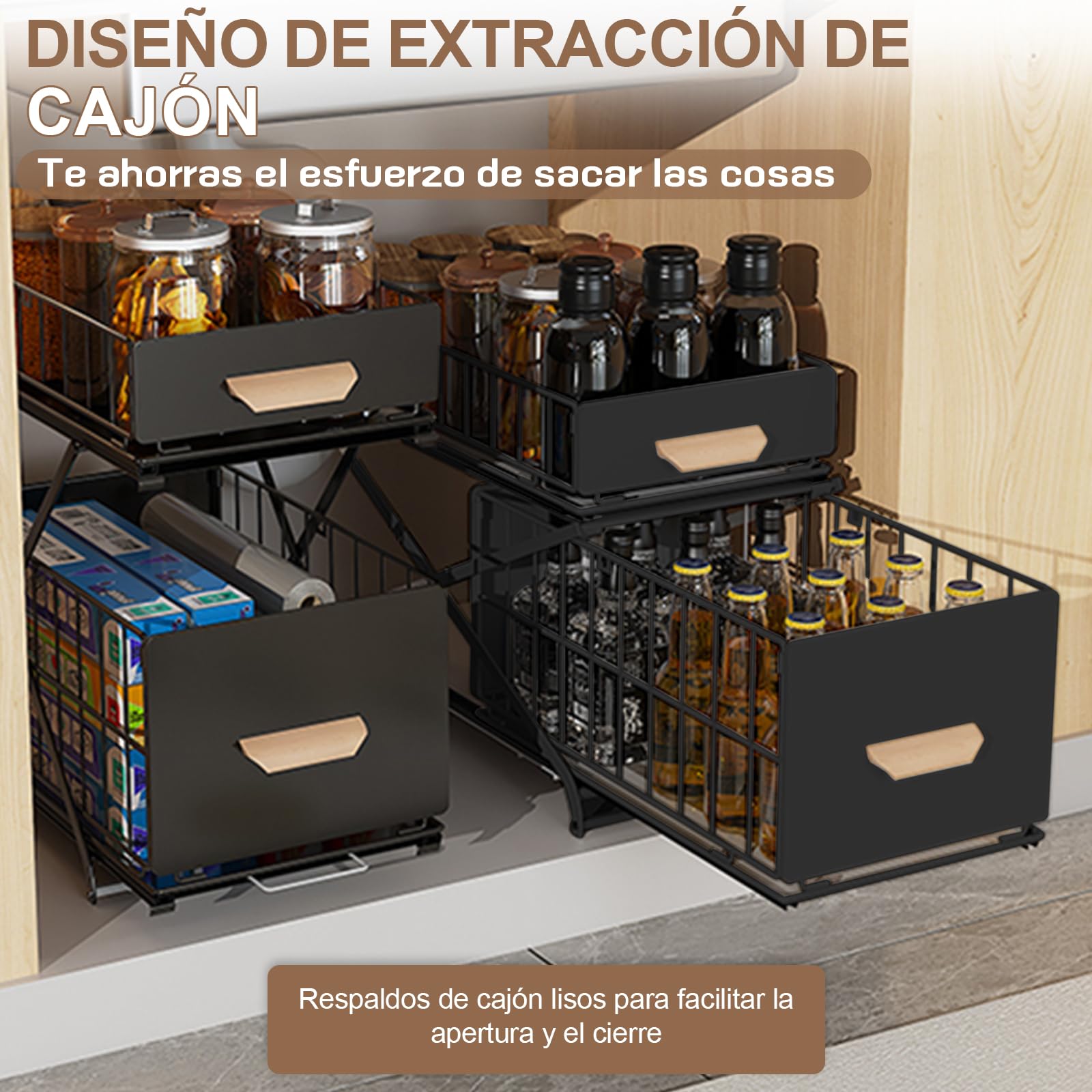 Organizador de cocina plegable de 2 niveles, 26 x 40 x 43 cm, estante para especias, cajón extraíble regulable en altura, organizador para armario que ahorra espacio, para especias, cosméticos, baño