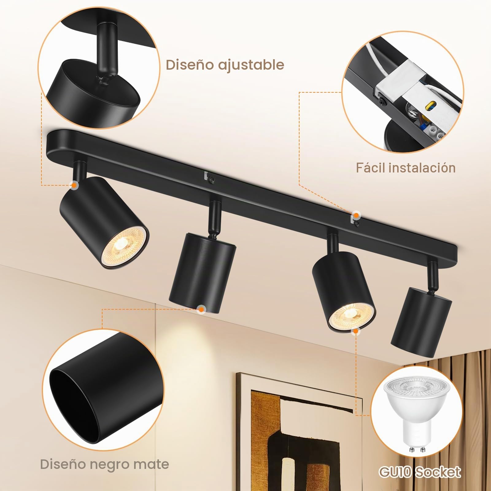 Focos Techo, GU10 Lámpara de Techo con 4 Focos, Lámpara de Pared Interior LED Negro Orientables, Modernas Focos para el Techo para Salon, Dormitorio, Cocina, Pasillo, Sin Bombilla