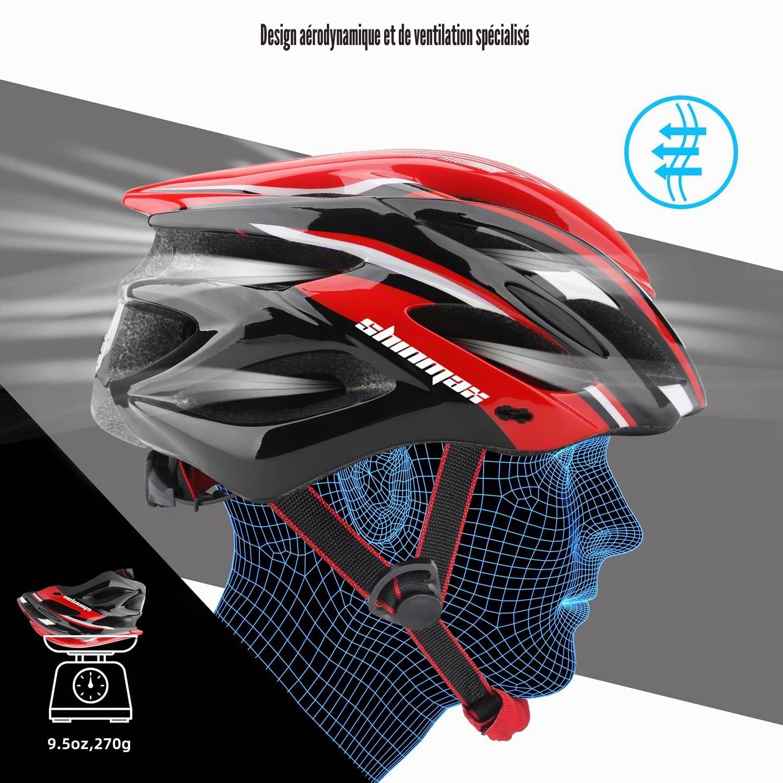 Shinmax Casque de vélo avec visière Amovible avec lumière LED, pour Homme et Femme, Casque de vélo léger et réglable pour VTT, vélo de Route, 57 à 62 cm