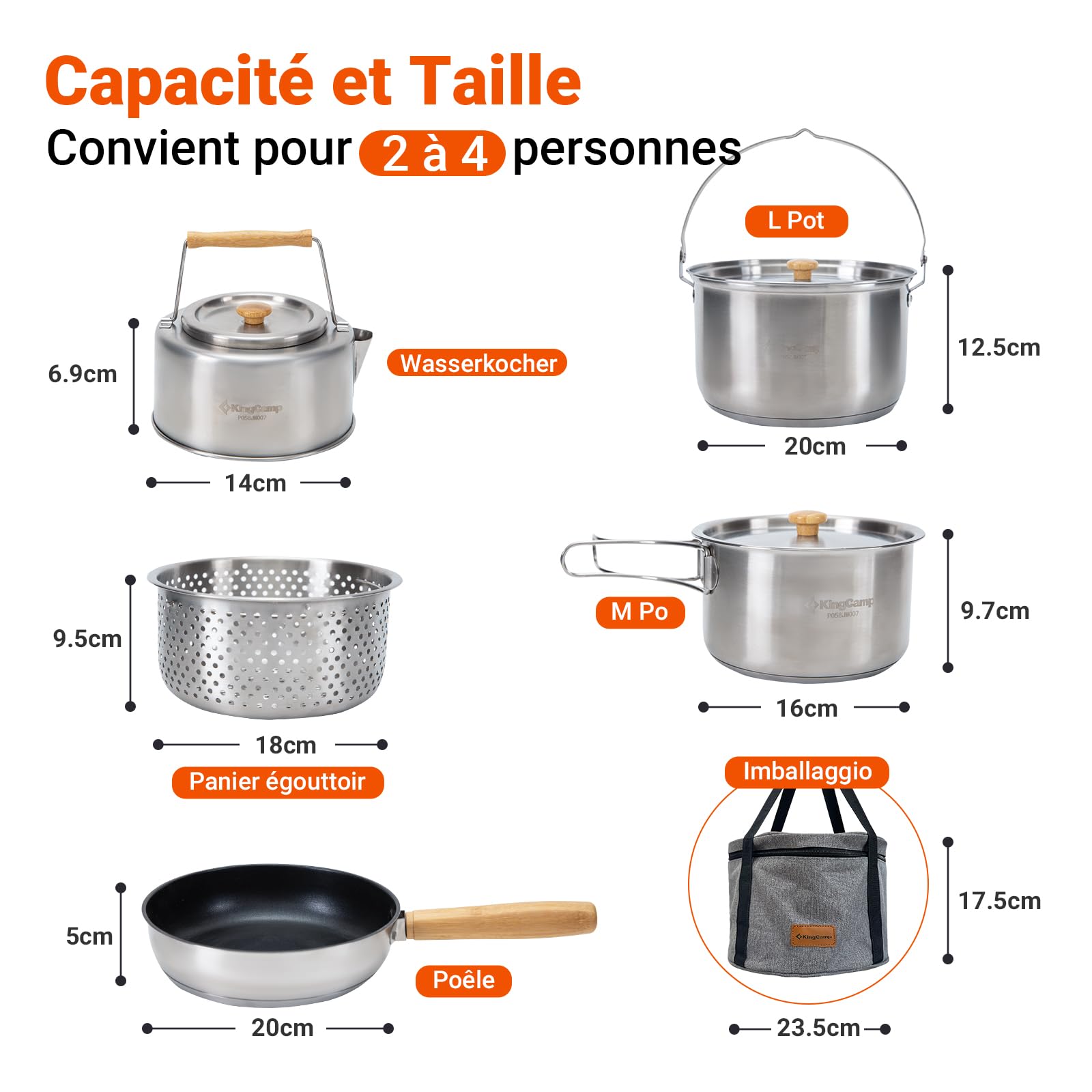 KingCamp Batterie de cuisine de camping en acier inoxydable I Pots de camping I Poêle de camping pour réchaud de camping