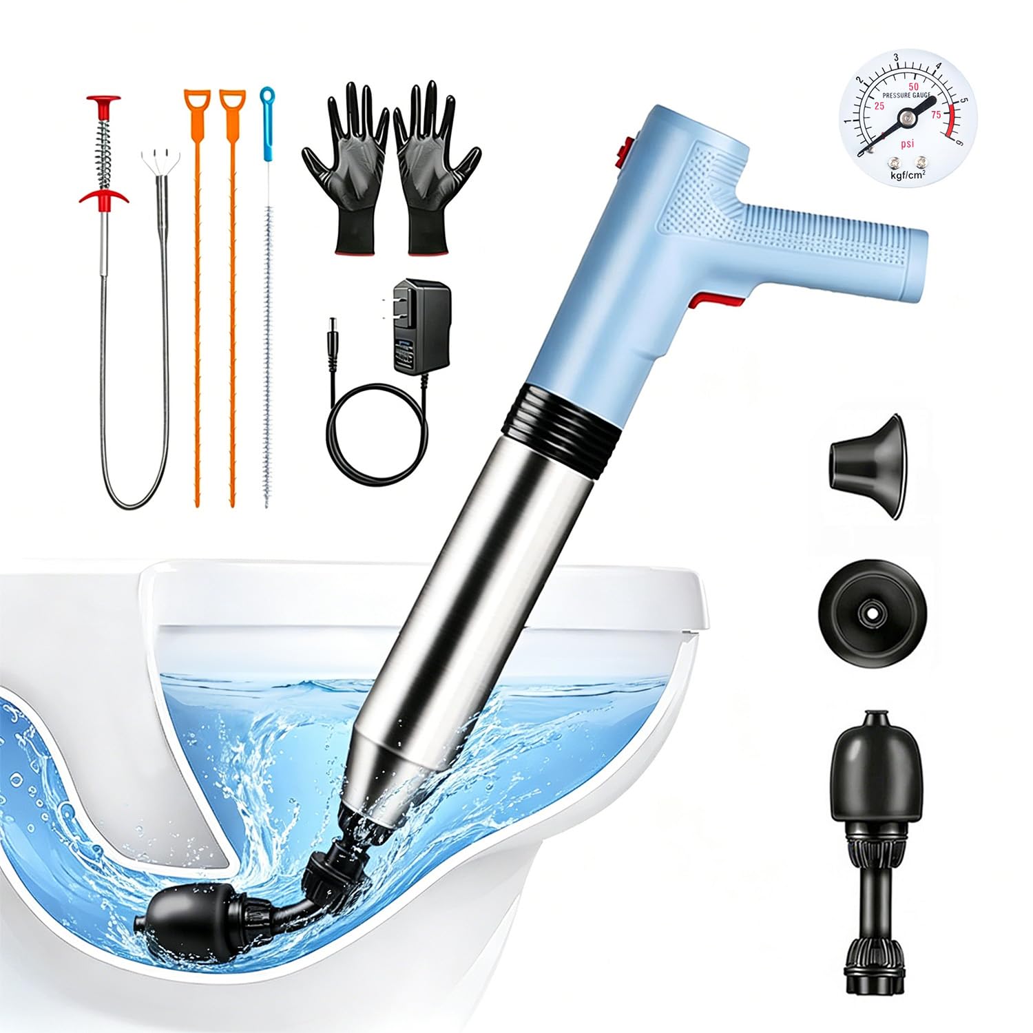 Electric Toilet Plunger, Blue One-Touch High Pressure Air Drain Blaster with Real-Time Barometer &amp; Multi-Accessory Kit, Heavy Duty Automatic Drain Unclogger for Toilets, Sinks, Tubs, Pipes
