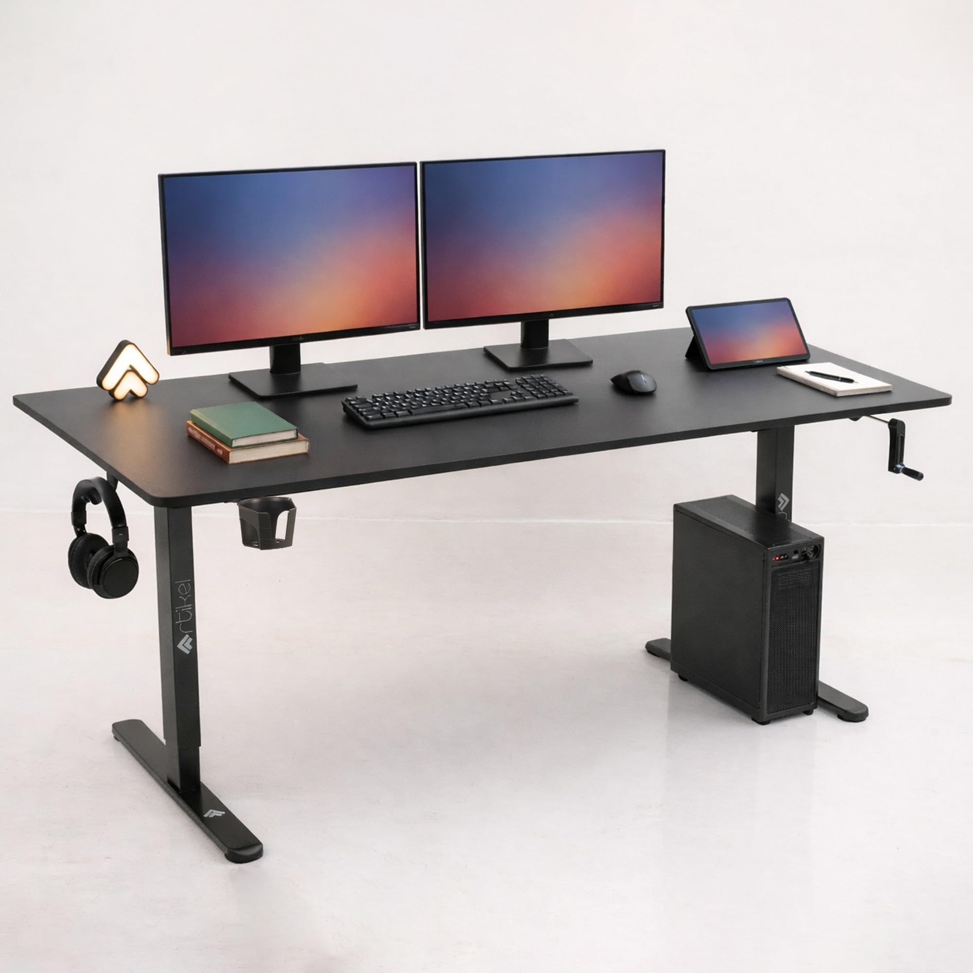 ARTIKEL Manova Height Adjustable Table for Office Work | Manual Adjustable Desk with Hand Crank | Ergonomic Table for Home | 80Kg Wt Lift | Cup Holder, 2 Headphone Hook (140 * 60)