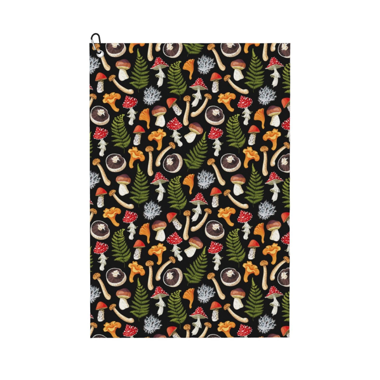 AOOEDM Mushrooms Print Golf Towel with Carabiner Clip Absorbent Microfiber Golf Towel for Cleaning Golf Ball Club Putter Iron for Golf Bag Trolly Belt Loop 16" X 24"