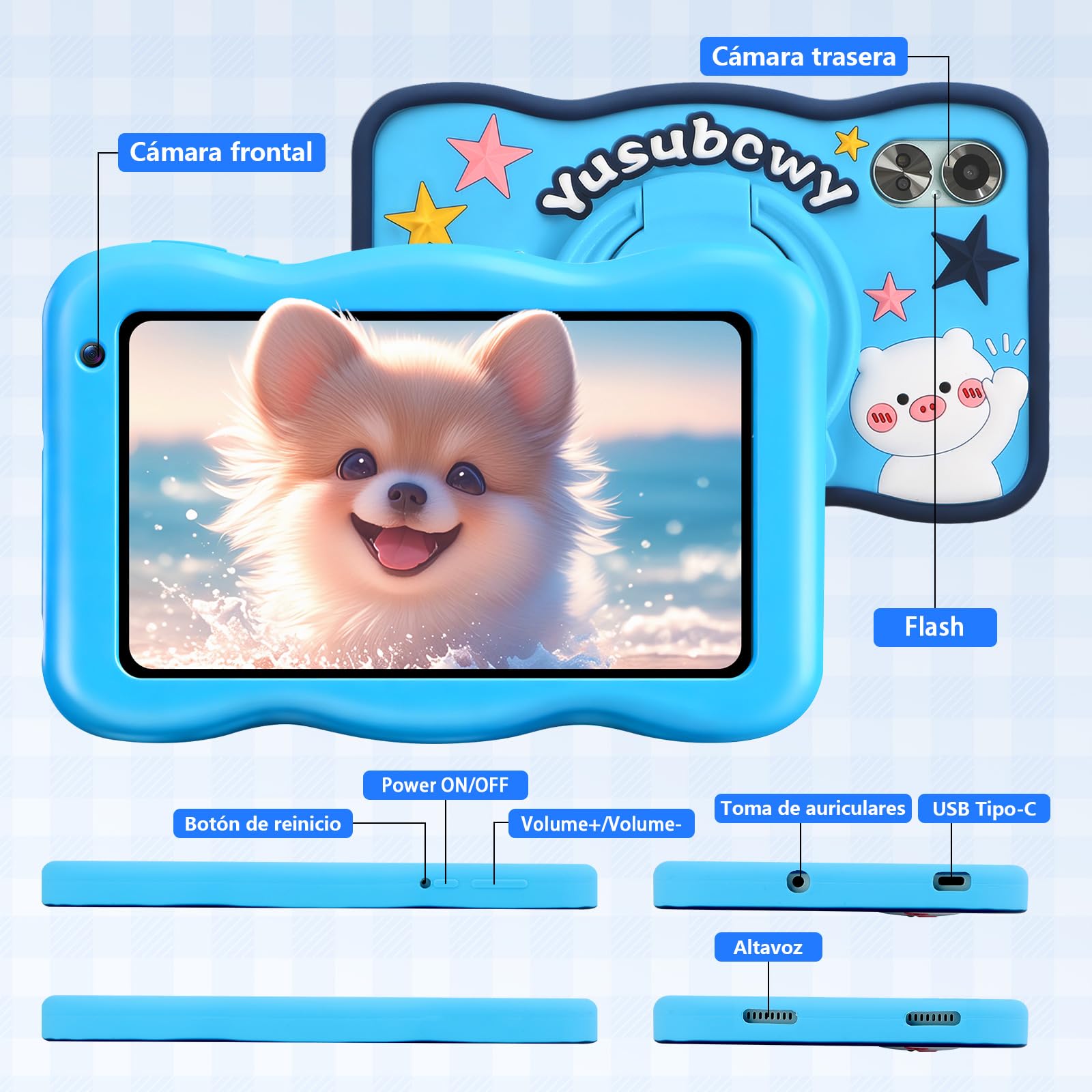 Tablet para Niños 7 Pulgadas, Android 13, 8GB RAM 64GB ROM, Tableta Octa-Core, 5800mAh Batería, 5MP+8MP Cámaras, WiFi Bluetooth, Control Parental, PantallaHD, Funda Silicona Antigolpes Niños (Azul) — view 7
