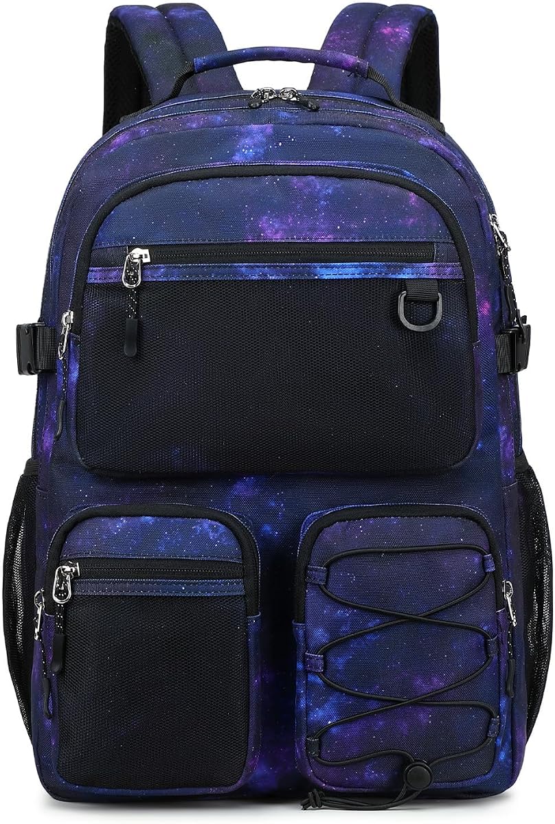 Multi-Pocket Backpack for Travel College, Heavy Duty Big Bookbag with 15.6 inch Laptop Compartment (Black Purple Galaxy