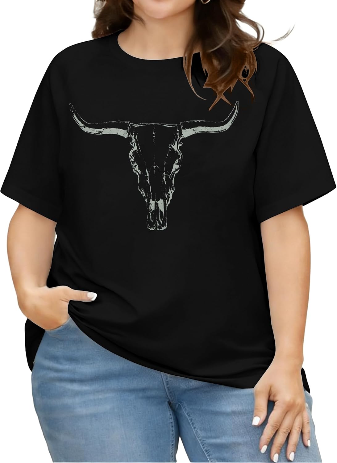 Plus Size Western Shirt for Women Cow Skull Shirt Boho Cowgirl T-Shirt Rodeo Graphic Tee Vintage Country Music Tops