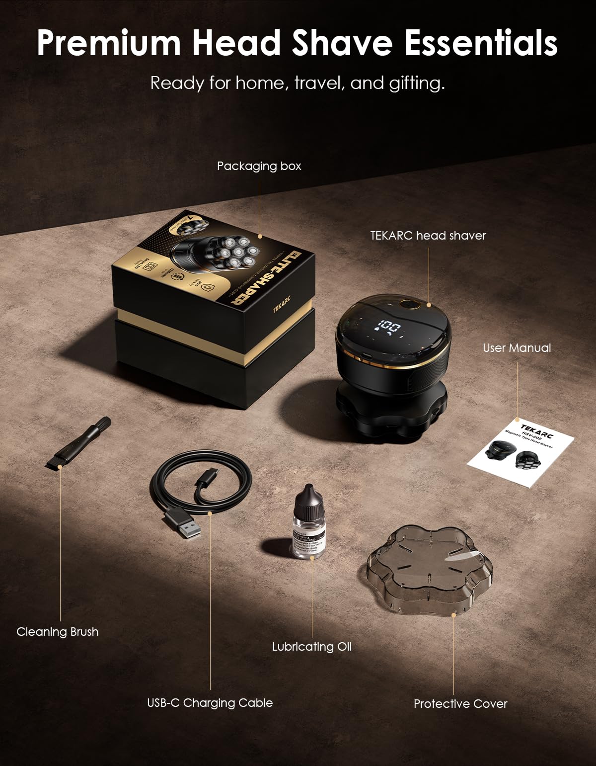 TEKARC 7D Head Shaver for Bald Men, Wet/Dry Electric Razor, USB-C, Black & Gold