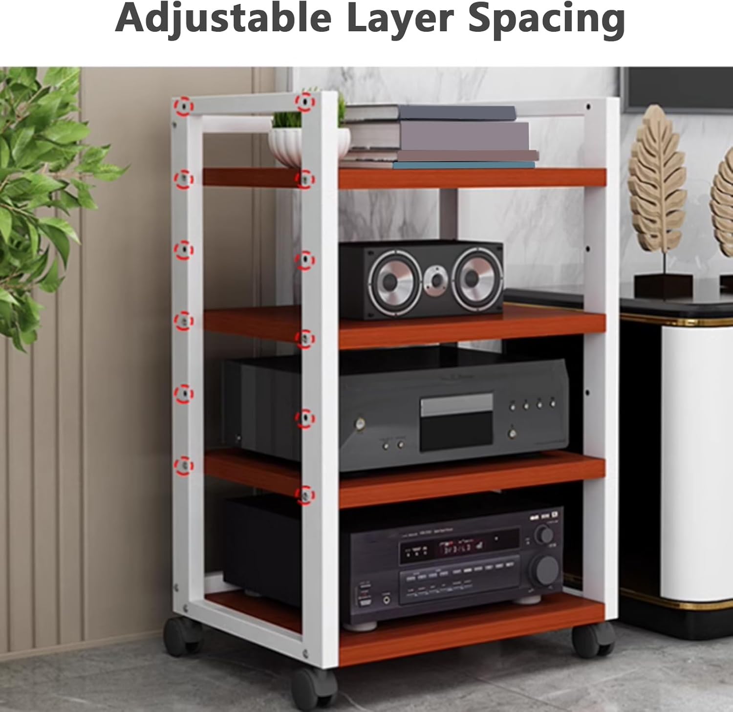 5-Tier Corner Wood Shelf with Wheels, Multifunctional Audio Video Rack Stereo Cabinet Adjustable Shelves,Adjustable Home Audio Rack Stereo Cabinet Record Player Stand for CD/DVD Player