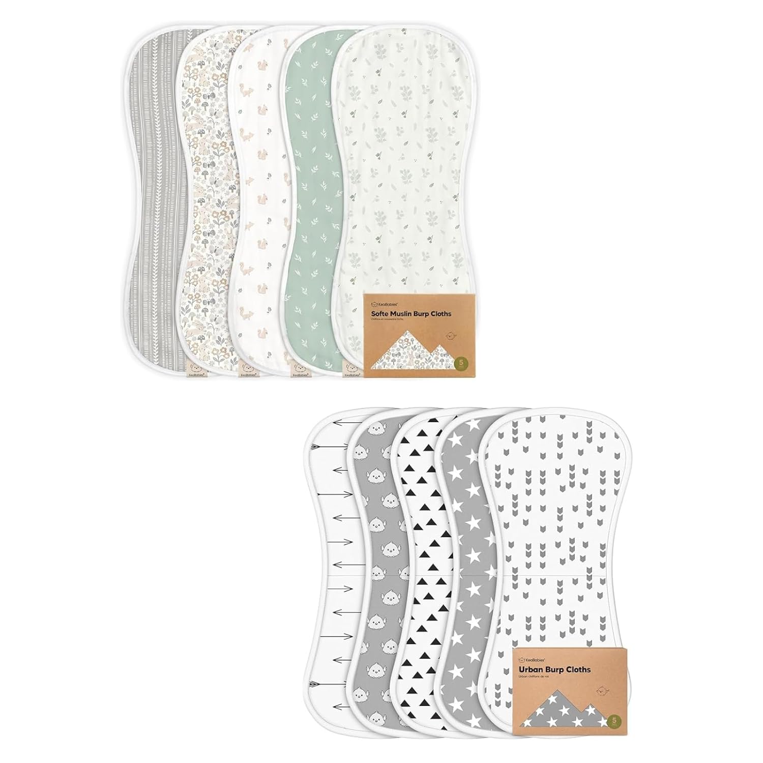 KeaBabies 5-Pack Muslin Baby Burp Cloth for Baby Boys and Girls and 5-Pack Burp Cloths for Baby Boys and Girls - Cotton Baby Washcloths, Burp Rags - Ultra Absorbent Burping Cloth