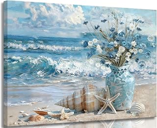 Framed Blue Ocean Beach Canvas Wall Art Modern Coastal Painting Picture Wall Decor Flowers Vase Starfish Conch Poster Print Artwork for Living Room Bedroom Bathroom Home Decoration 12×16in