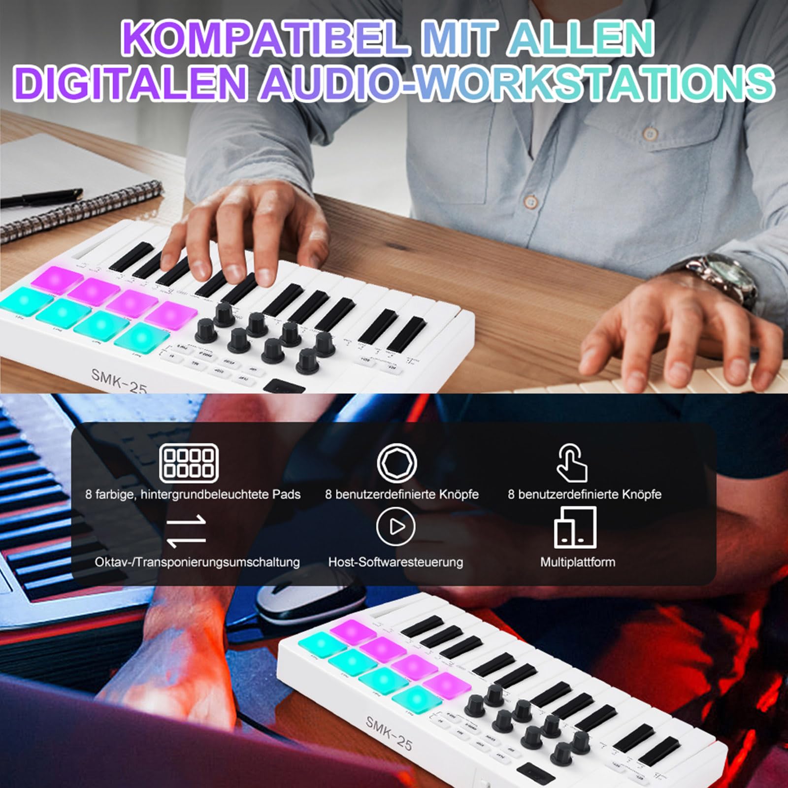 Teclado de piano portátil multifunción con 25 teclas sensibles, integración perfecta para DJ, ABS, textura, sensación de música, controladores de producción musical