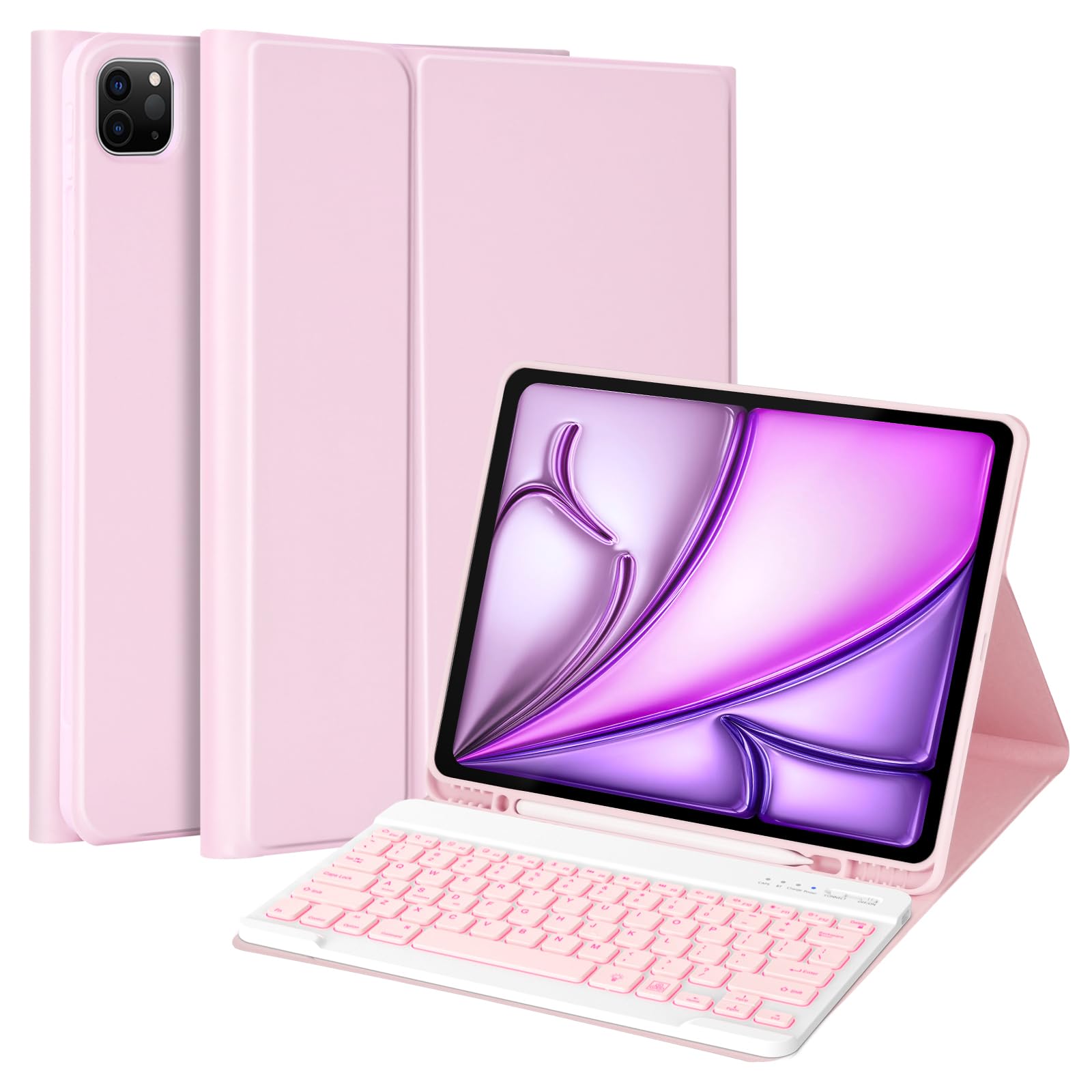 MMK for iPad Air 13 inch (M2) 2024 & iPad Pro 12.9 Case with Keyboard, Keyboard case for iPad Pro 12.9 inch 6th 5th & iPad Air 13 inch, Backlit Bluetooth Wireless Keyboard, with Pencil Holder-Pink