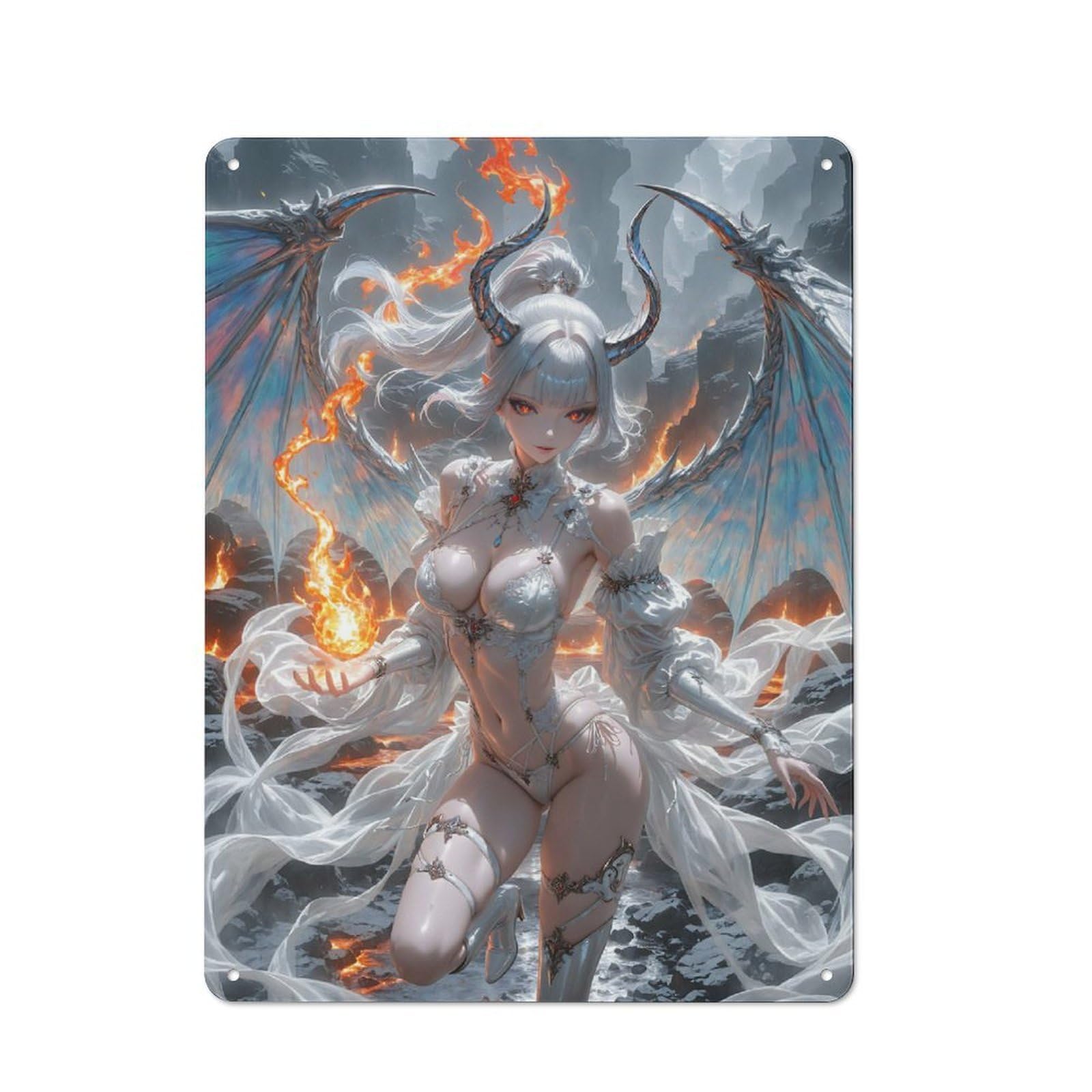 Junmoney Style-22-1-1 White-Haired Demoness With Fire Vintage Metal Sign 40X30cm For Hobby Room Or Studio, Housewarming Present For People Styling Hobby Room And Studio