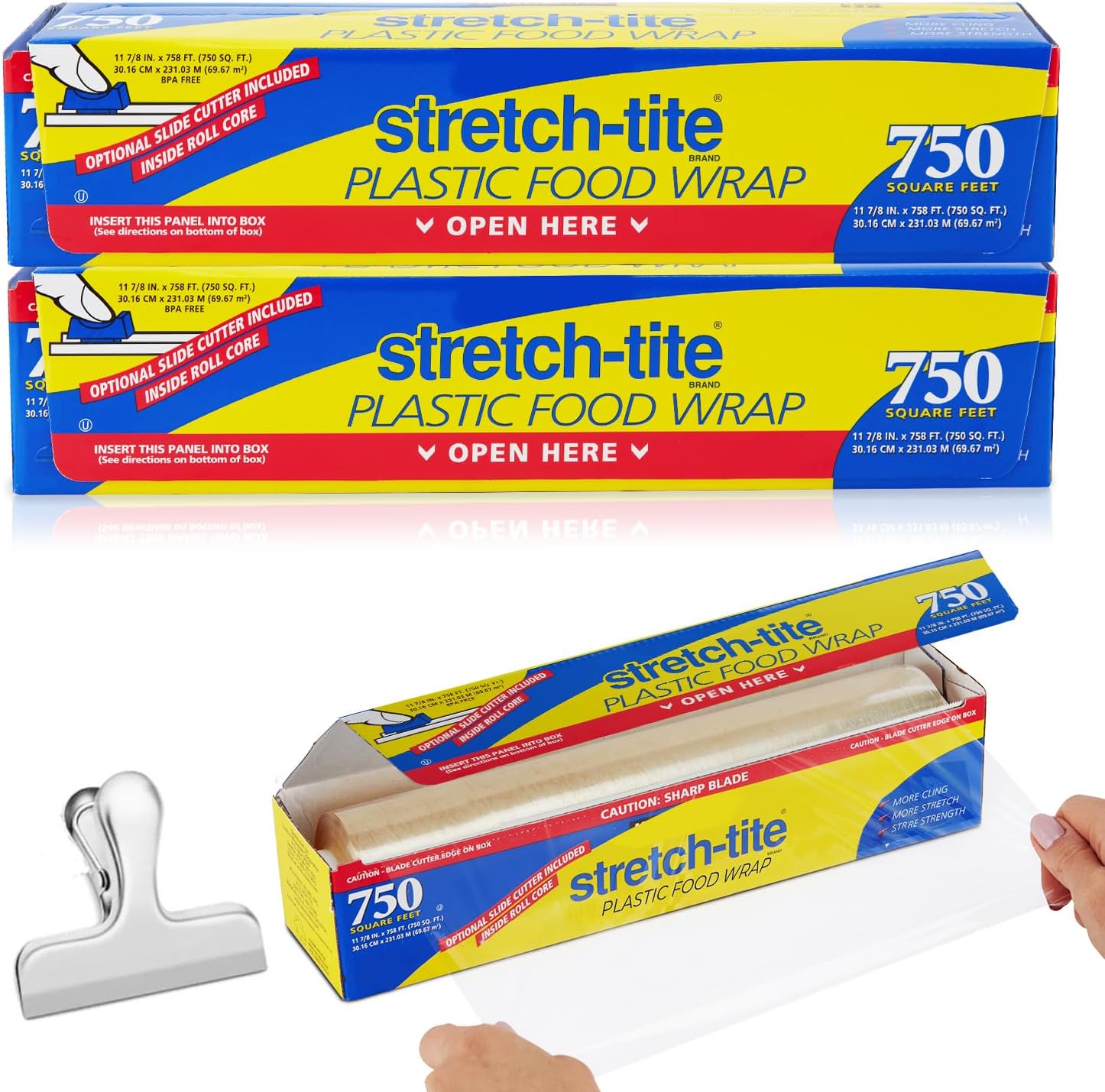 Stretch Tite Plastic Wrap For Food With Slide Cutter 750 Sq. Ft 11 7/8 Inch. Pack Of 2 With a Scooply Bag Clip