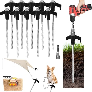20 Pack 8" Screw in Tent Stakes Heavy Duty- Ground Anchors Screw- Tent Pegs Camping Stakes- Hex Pegs Drillable Tent Stakes and Hexagon Head Drive and Storage Box Black