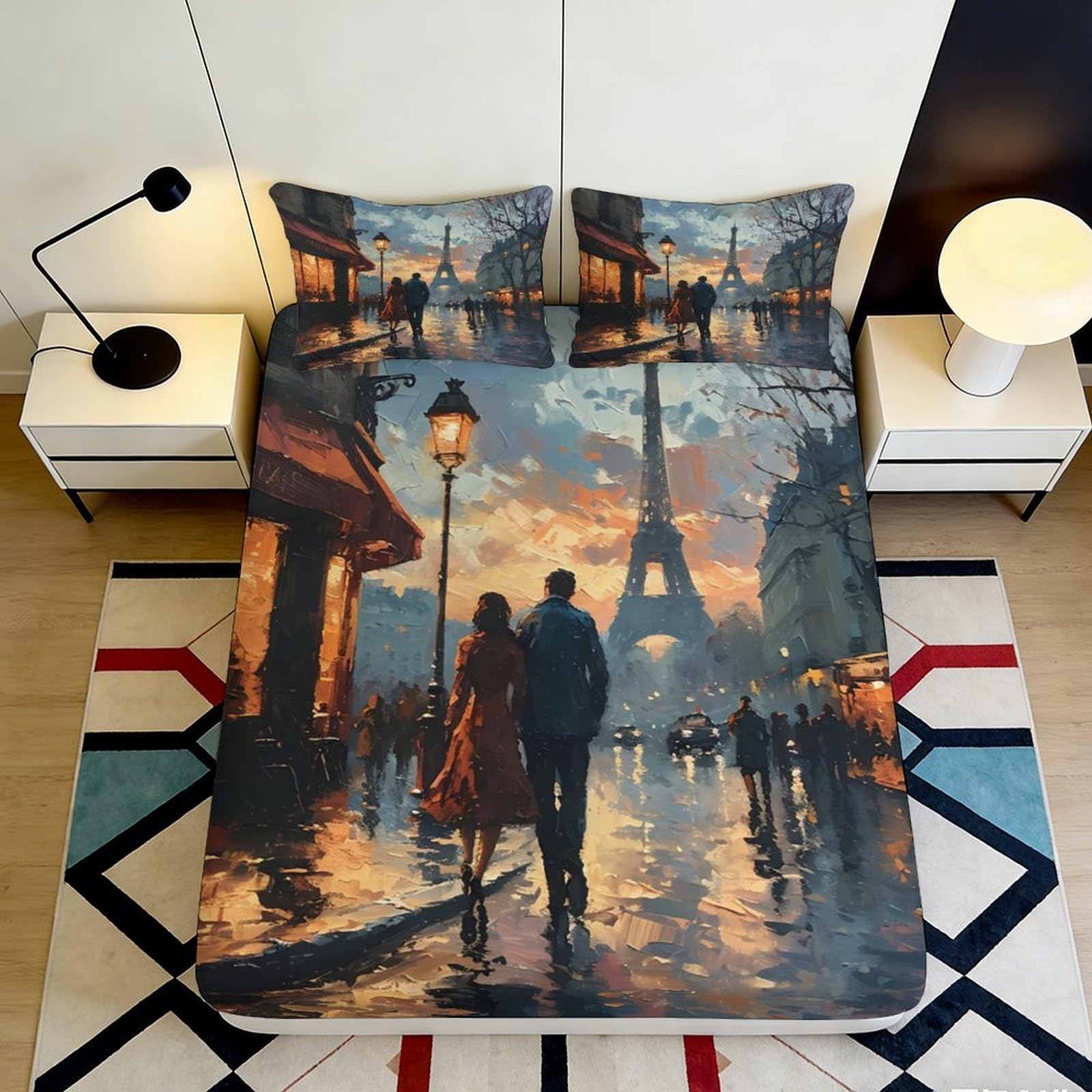3D Printed Paris Sunset Street Fitted Sheet Microfiber Soft Romantic Eiffel Tower Mattress Cover for Bedroom Guest Room Decor 140x200x25cm