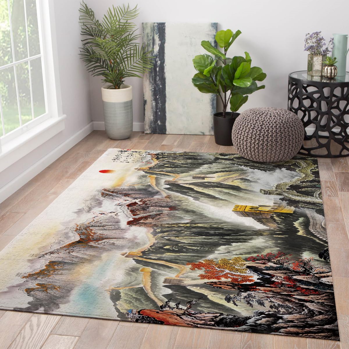 Tapis de la Grande Muraille Chinoise 180x210 cm avec motif montagnes brumeuses et style calligraphique