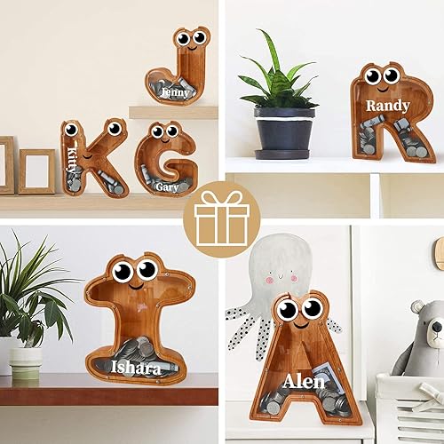 Miniatura 7 de Alcancía de madera, alcancía de letras personalizadas (9.1 pulgadas, grabado láser), caja de dinero de madera, alcancía de regalo para niños, regalo