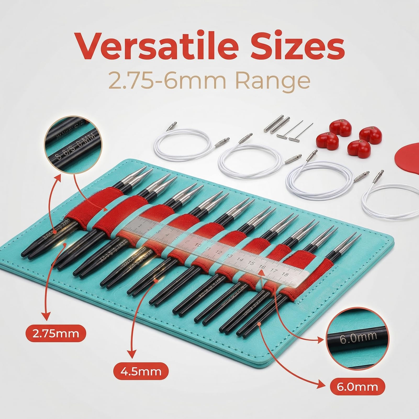Jelquix 10 Paar Rundstricknadeln, Austauschbares Set 2,75–6 Mm, 12CM Länge mit 40CM, 60CM, 80CM, 100CM Kabeln, Einfache Größenerkennung, Geeignet für Pullover, Mützen, Schals