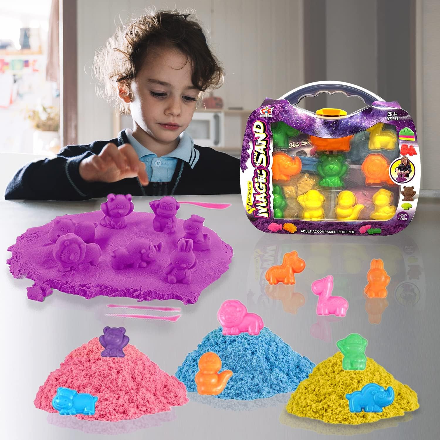 koolbitz1Kg Magic Sand for Kids - 17Pcs Motion Play Sand with Carry Case, 3 Colours of Mouldable Sand, 10 Animal Moulds and Sculpting Tools for Creative Sensory Play for Boys and Girls Ages 3+ Years