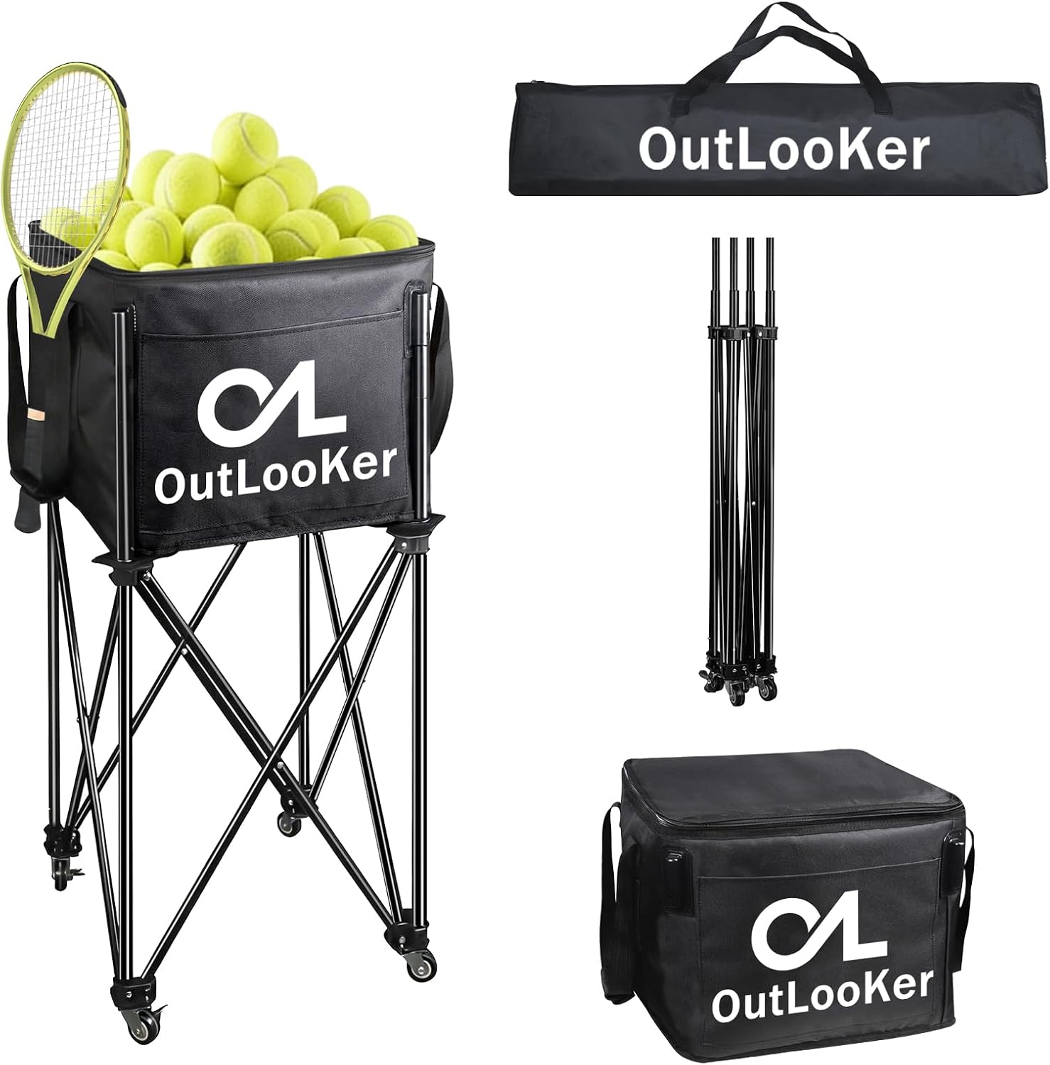 Foldable Tennis Ball Hopper, Large Capacity Basket Holds 200 Balls, Pickleball Caddy with Pockets and Wheels | tennis ball hopper