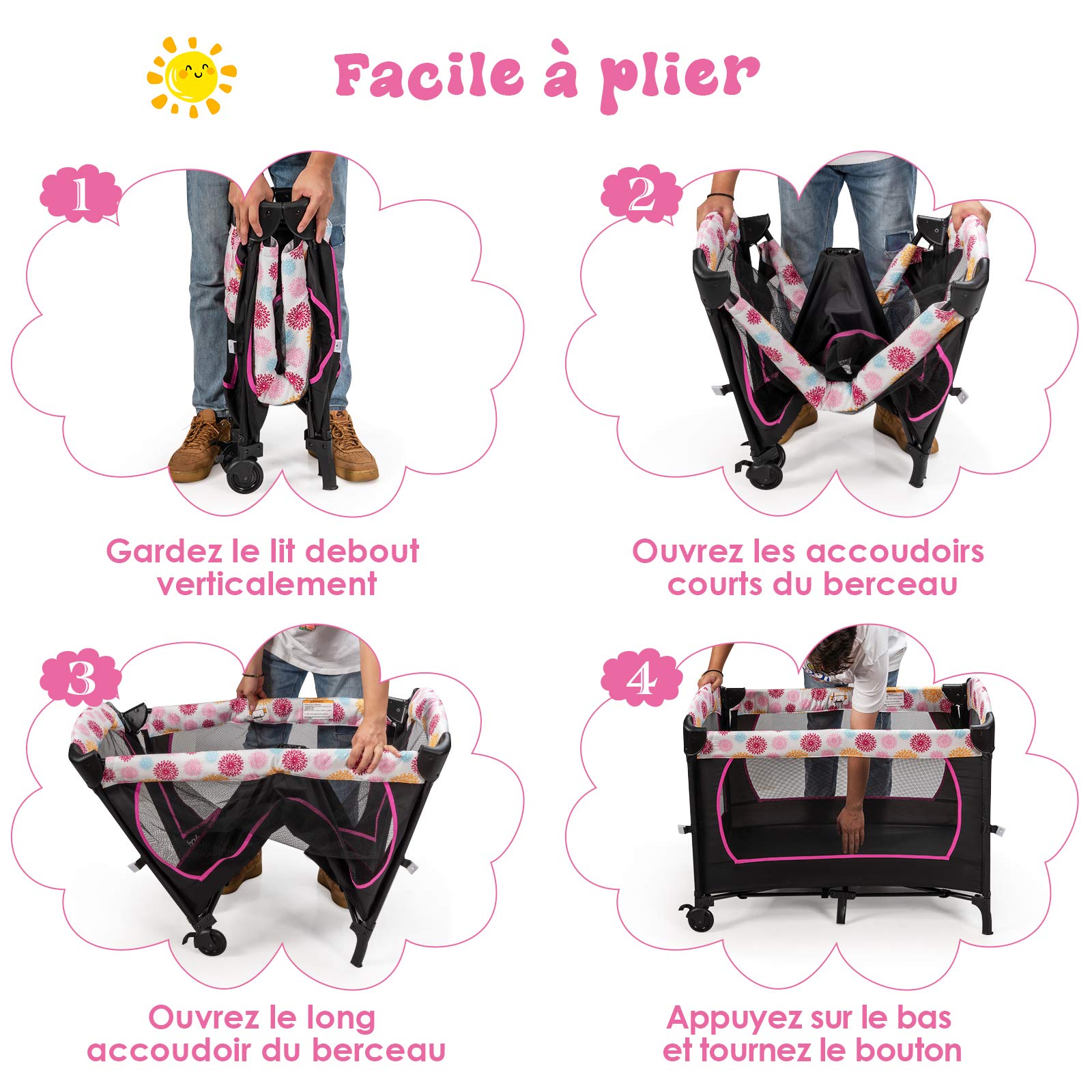 COSTWAY 4 en 1 Lit Parapluie Bébé avec Matelas, Berceau Bébé Evolutif en Oxford avec Table à Langer Amovible, 3 Hauteur Réglable, Jouets Suspendus, Charge 15kg, Lit Cododo pour 0-36 Mois(Rose
