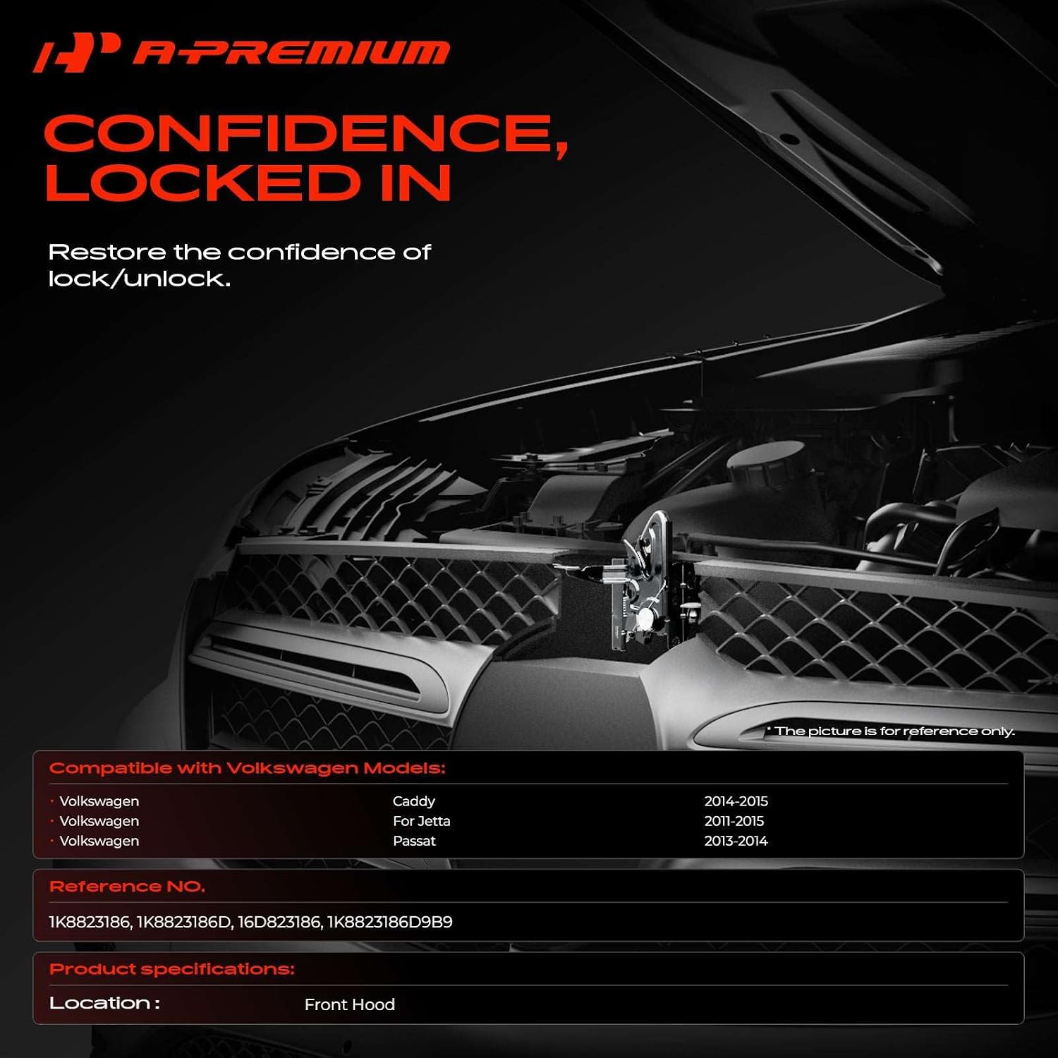 A-Premium Hood Latch Lock Compatible with Volkswagen | for Volkswagen Jetta 2011-2015, Passat 2013-2014, Caddy 2014-2015, Front Hood Lock Engine Bonnet Latch Assembly