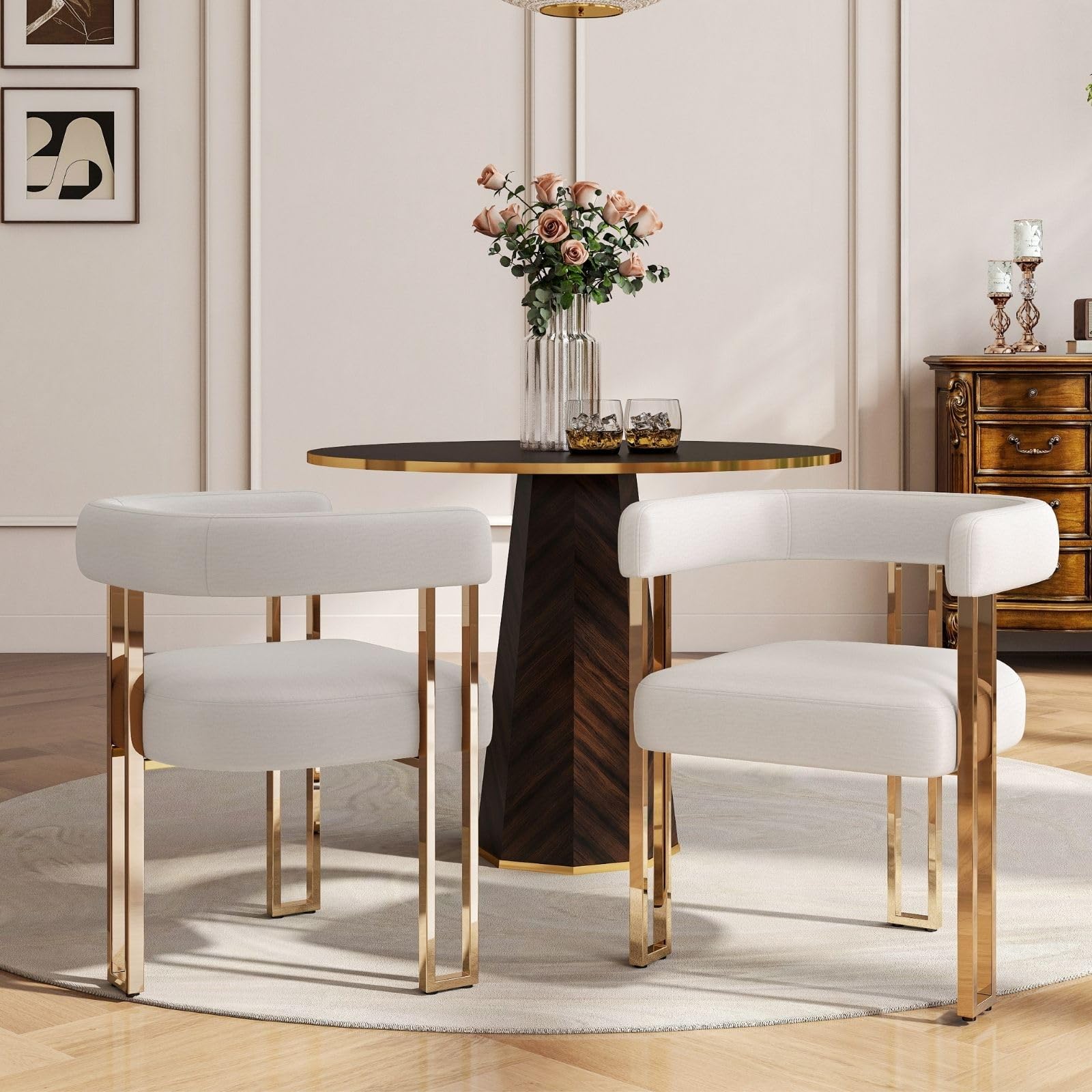 Beige and Gold Modern Dining Chairs Set of 2, Velvet Upholstered Barrel Armchairs with Metal Legs for Kitchen Island, Mid Century Accent Chairs for Dining Room Living Room, Open-Back