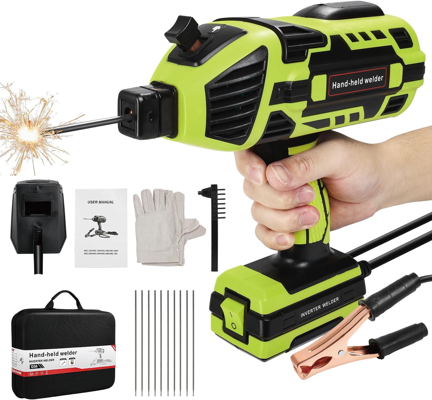 Handheld Welding Machine, 110V Portable Welder Handheld with IGBT Inverter 6 Variable Current Adjustment 20-120Amp Welding Output Portable ARC Welder Gun for 1/16"-1/8" Size Welding Rods