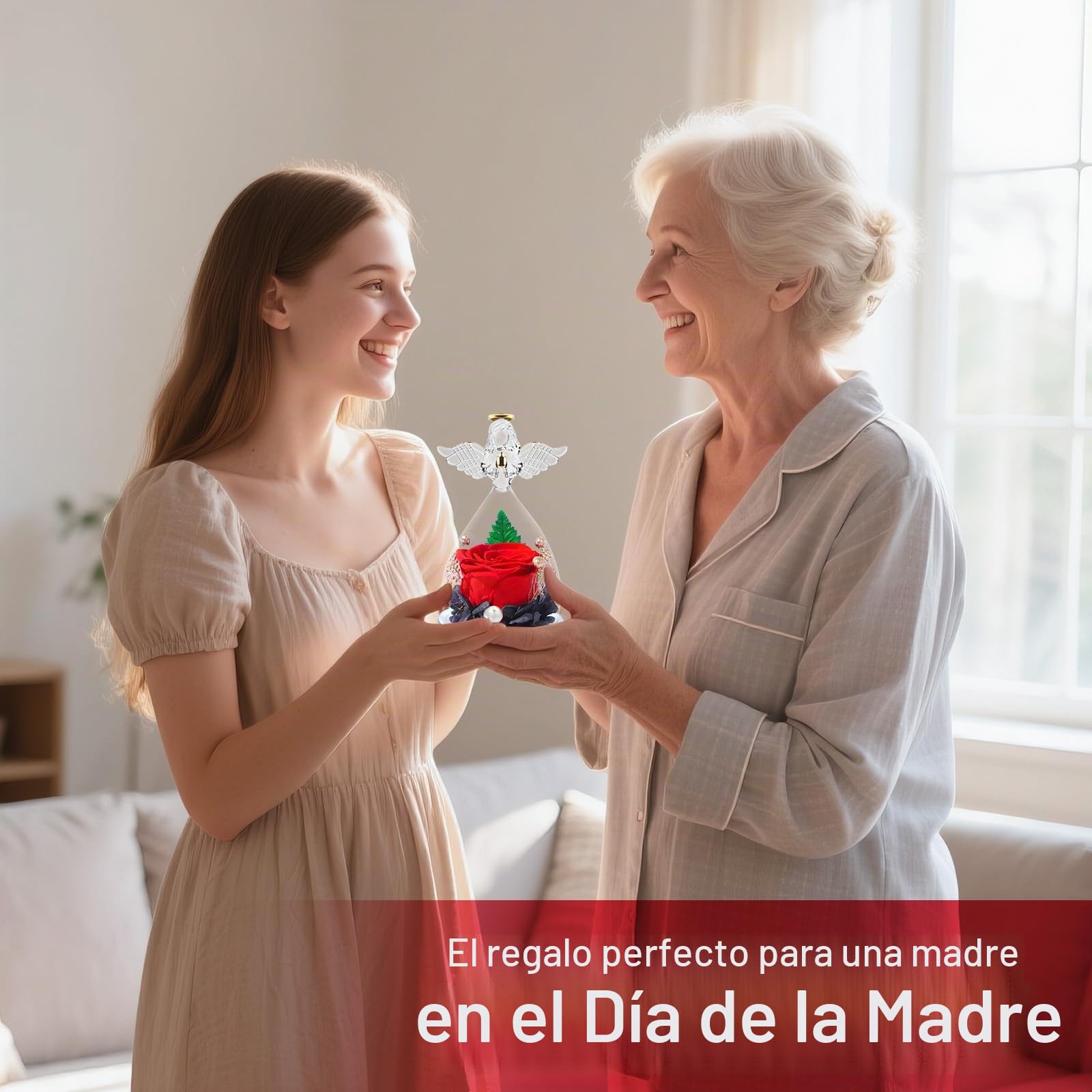 Regalos de Angel Rosa Eterno para Mujeres, Regalos Originales para Madres, Rosas Preservadas en Figuras de Angel de Vidrio, Angeles de Flores para Mamá, Abuela, Esposa, Hermana, Novia (Rojo)