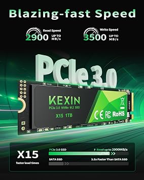 KEXIN SSD M.2 NVMe Internal SSD 1TB M.2 2280, PCIe Gen 3.0, up to 3500 MB/s Read, 3000 MB/s Write, Internal Solid State Drive Compatible with Laptop,PC,Gaming Black,1TB