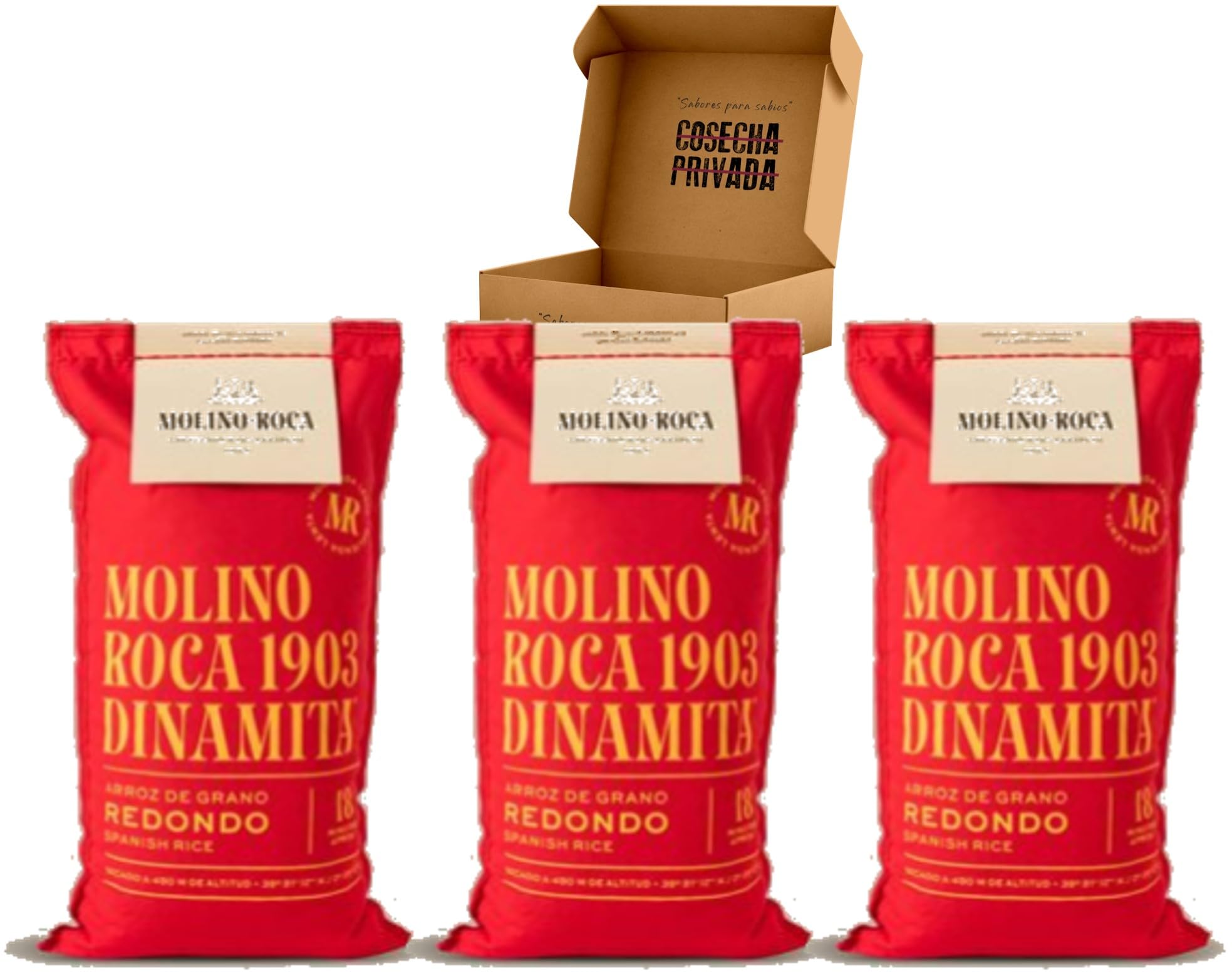 Arroz Molino Roca - Envio 24h - Dinamita - 3 Sacos 1kg Mejor Arroz Bomba del Mundo - Albufera - El Arroz de los grandes Chefs - Cosecha Privada (3 x Arroz Rojo)