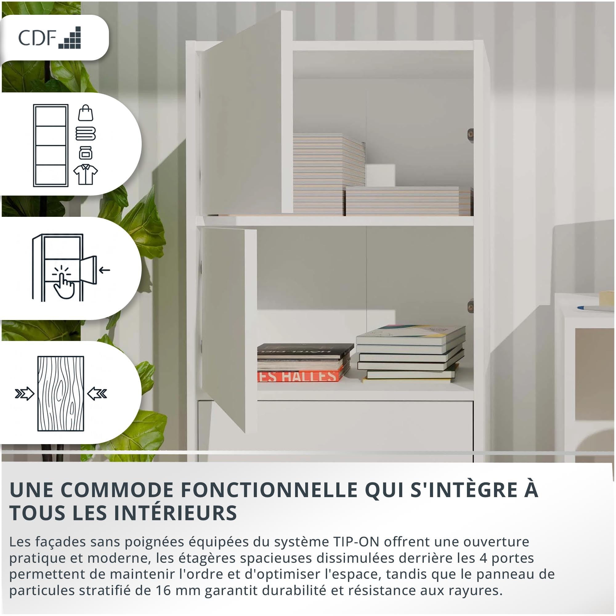 CDF Armoire De Rangement Haute 50cm 4 Portes 4 Étagères Salon Bureau Entrée Chambre Couloir Meuble Buffet Commode Placard Dressing Vestiaire Casier Cabinet Fin Push-to-Open sans Poignée Moderne Blanc