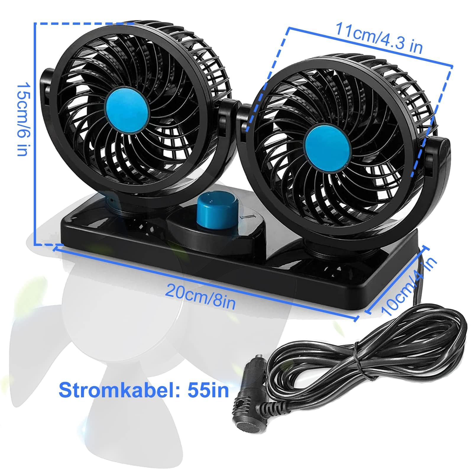 Auto Ventilator, 12V Doppelkopf Ventilator Auto 360 Grad drehbar mit 2 Geschwindigkeiten Doppellüfter Geeignet für 12Volt Autos, LKWs, SUV