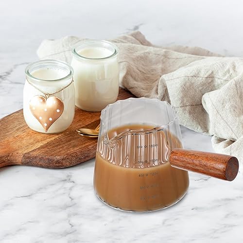 Miniatura 8 de Taza medidora de vaso de chupito de café expreso, jarra triple de 6 onzas, taza de leche con mango de madera, lado de vidrio, para tetera de té,