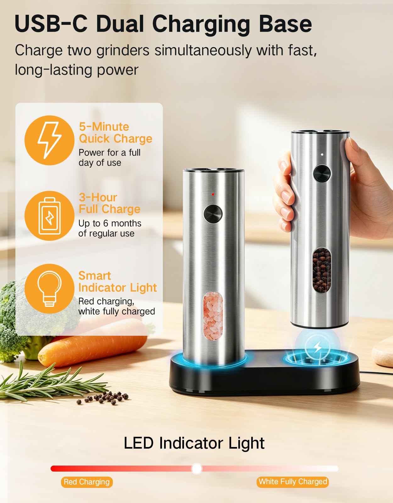 Molinillo Eléctrico de Sal y Pimienta Recargable 110 ml, Gran Capacidad, Base de Carga USB-C, Luz LED, Molienda Automática Ajustable, Perfecto para Cocina y Hogar