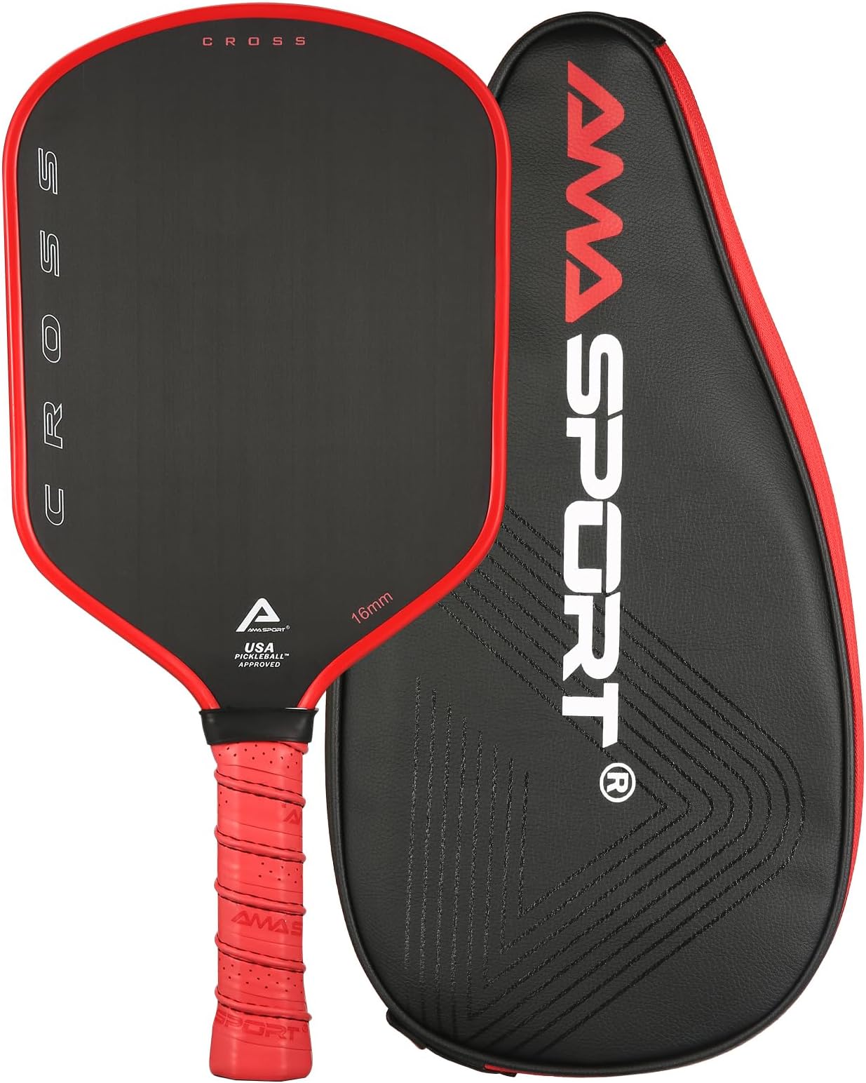 AMA Sport Cross Raw Carbon Fiber Pickleball Paddle - 16mm Pickleball Racket - Head Broader Shape- Includes Paddle Cover-Decussated Carbon Surface with Superior Grit & Spin- USA Pickleball Approved