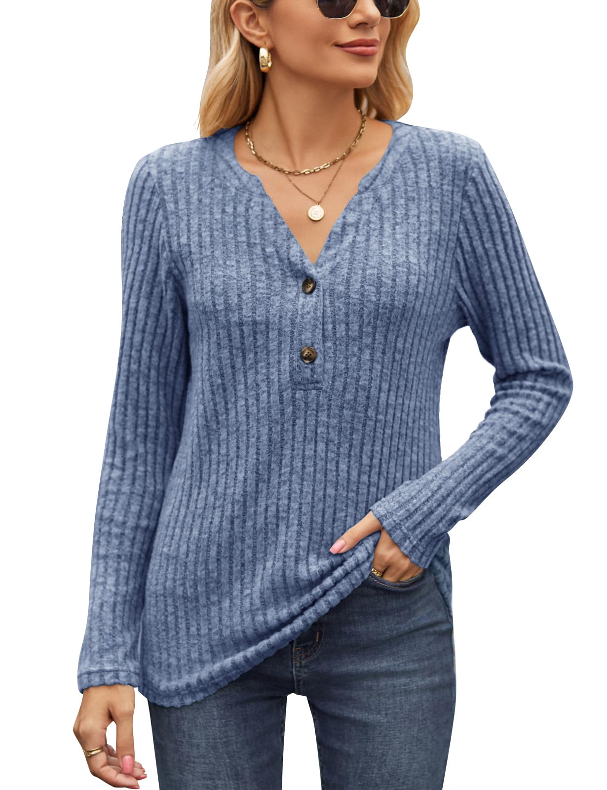 Akiooue V-Ausschnitt Damen Pullover Herbst Pulli Langarm Strickpullover | Leichter Strickpulli Stretch, Elegant Pullover für Damen mit Knöpfen, Lässige Langarmshirt für Frühling Herbst Winter