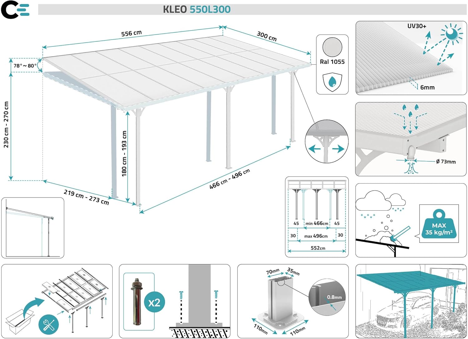 Technical diagram showing dimensions of the Cazeboo KLEO Pergola/Carport