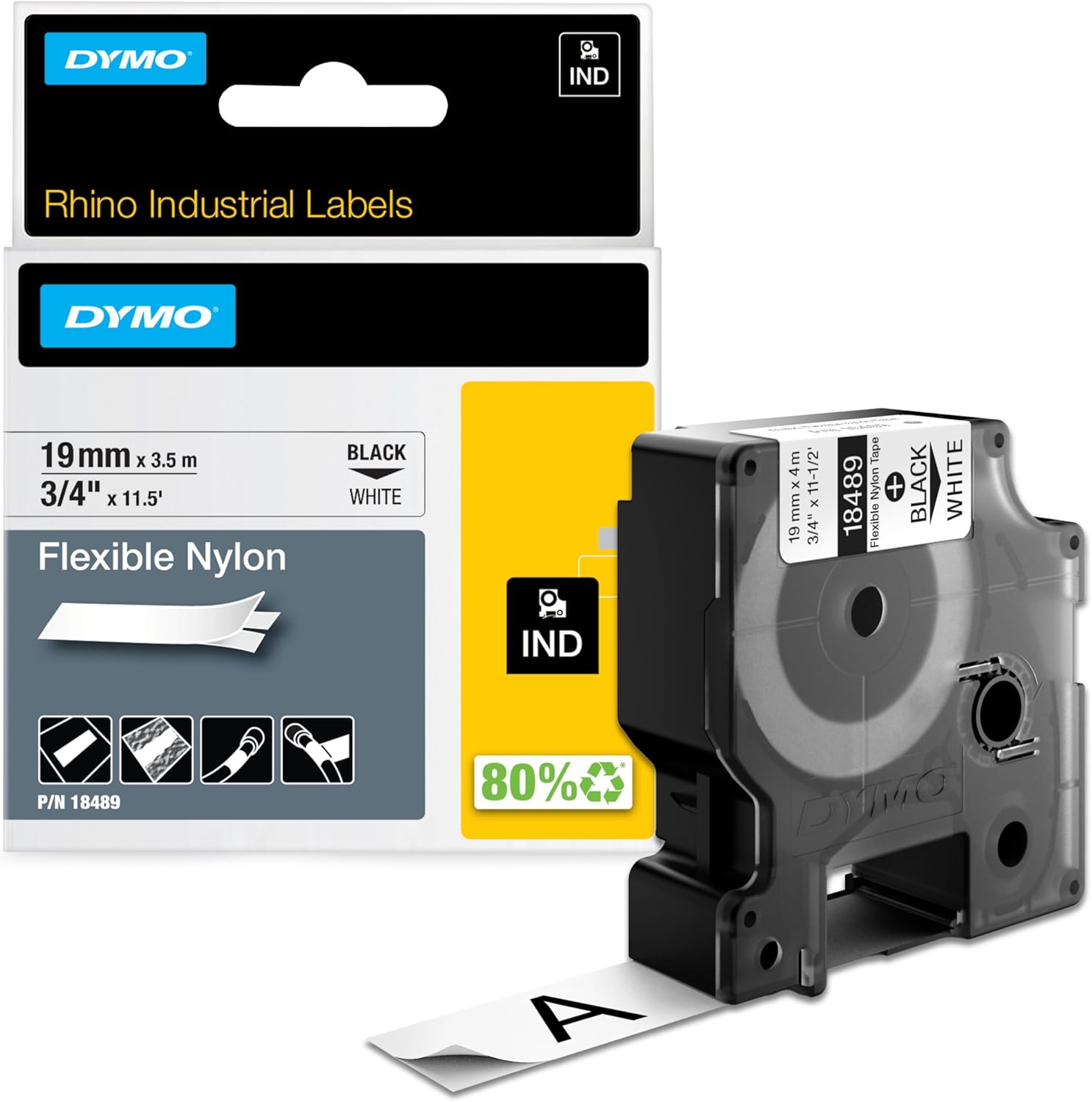 DYMO Rhino Industrial Flexible Nylon Labels, 3/4 inch, Black on White